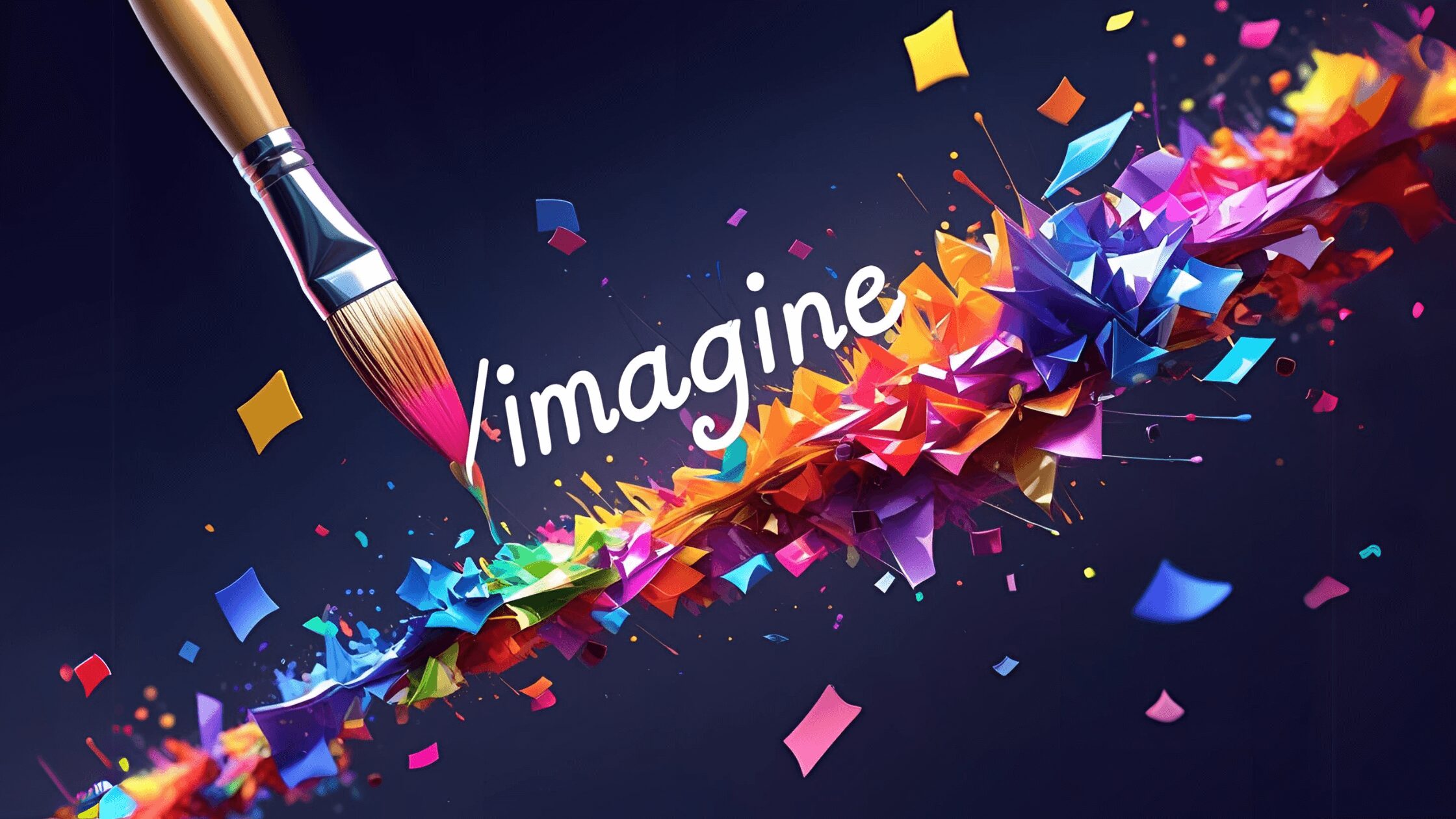 手にした絵筆が“/imagine”コマンド文字を空中に浮かび上がらせ、その先からカラフルな絵が飛び出すファンタジックなビジュアル。コマンド操作がまるで魔法のよう、というイメージ